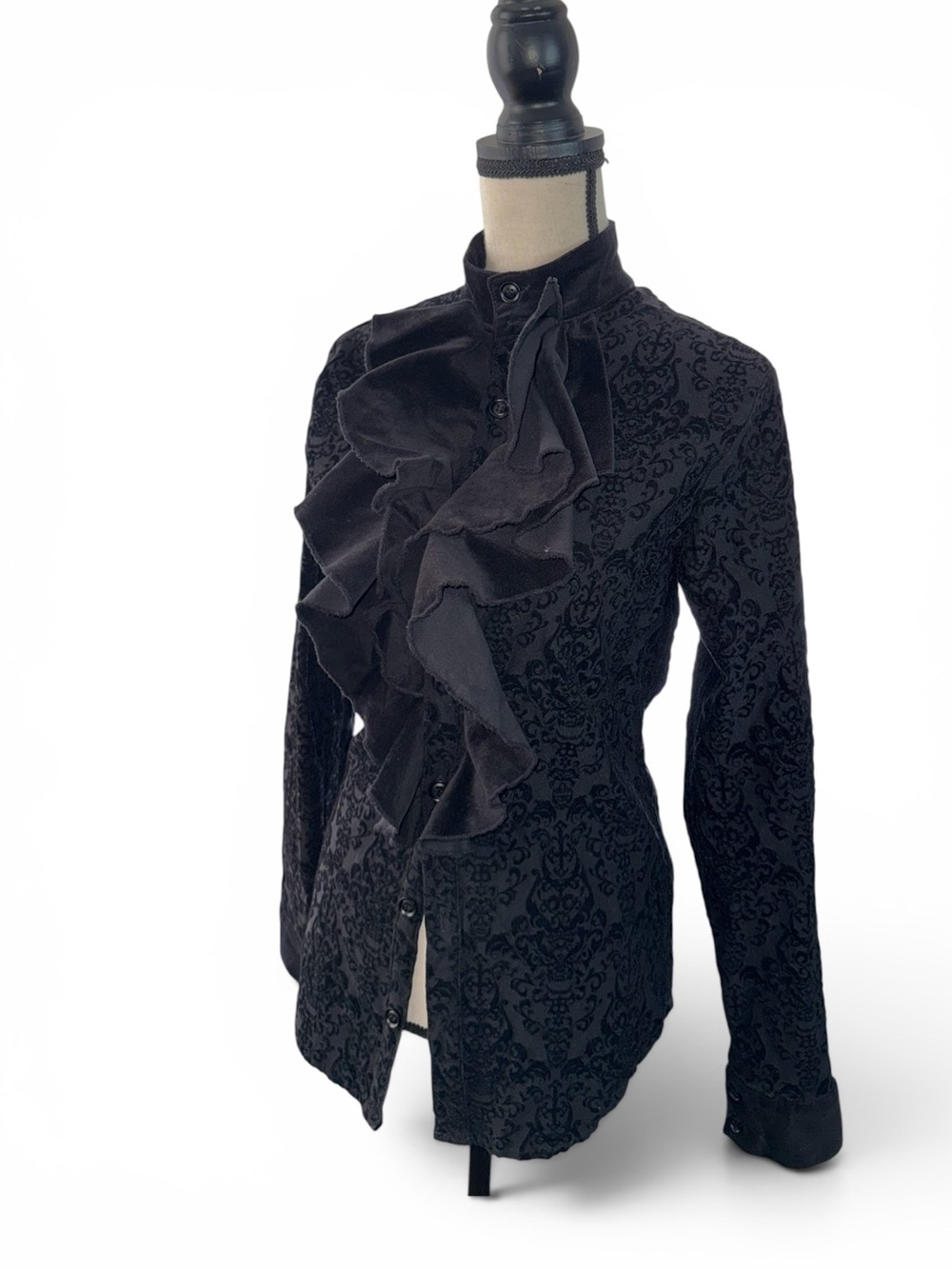KillStar Black Lace Velvet Gothic Ruffle Thorn Rue Shirt XS Unisex
